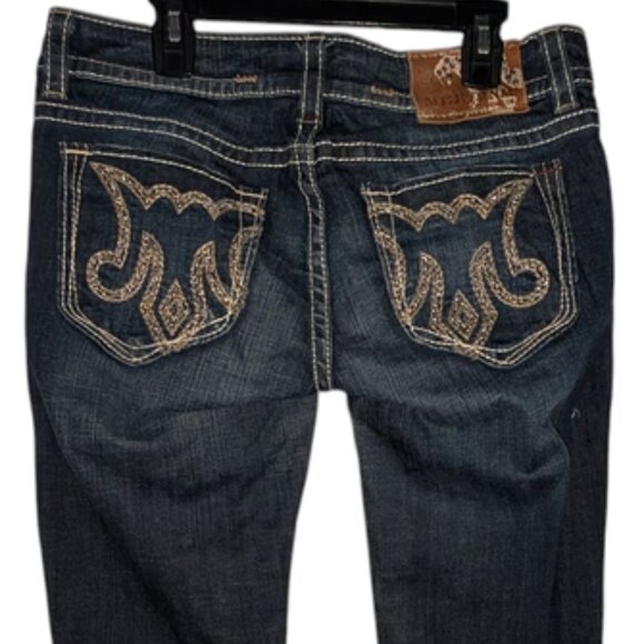 MEK DNM Denim Buckle Dark Wash Rhinestone Pocket Saka Slim Boot Cut Jeans Tall - Picture 5 of 7